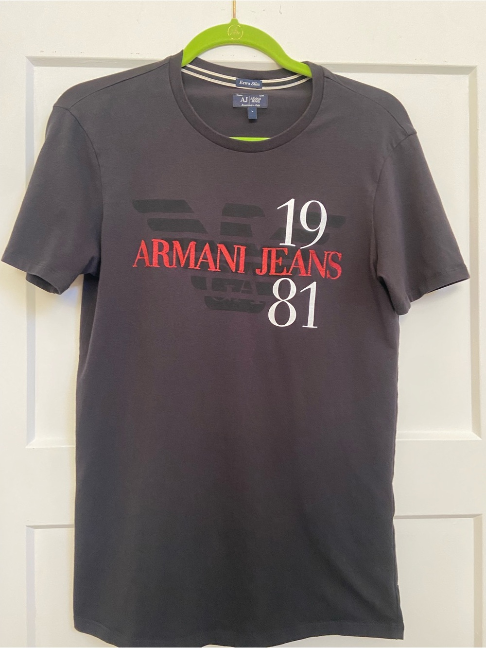 Armani Jeans Black Short-Sleeve Logo Tee with Red & White Details